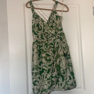 Milly, silk-lined cocktail dress in green and gold, size 8